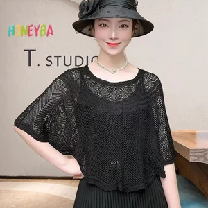 < Honeyba > Khăn choàng Cotton rỗng dệt kim dành cho nữ Áo mùa hè thu thanh lịch dành cho nữ Áo choàng chống nắng cho nữ