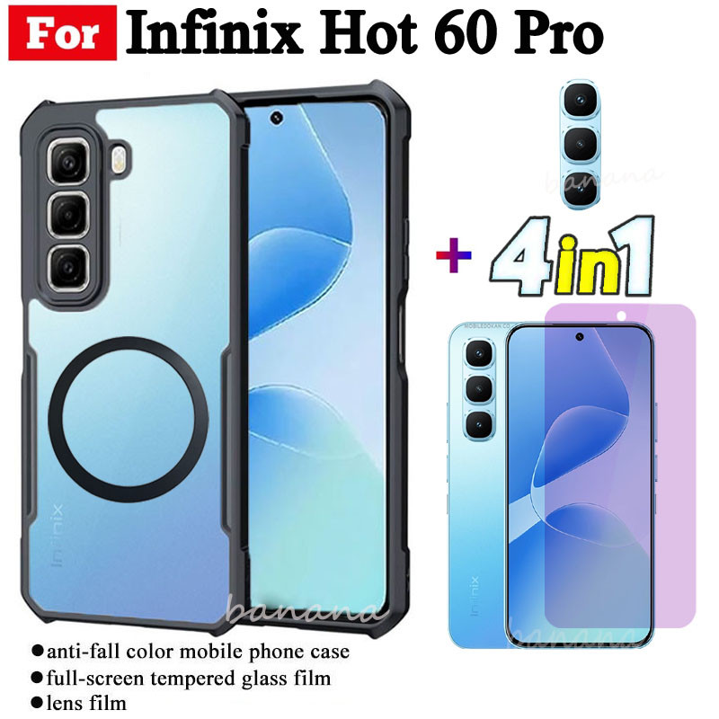 Ốp điện thoại chống sốc 4 trong 1 Infinix Hot 60 Pro có nhãn dán sạc không dây từ tính cho Infinix Hot 60 Hot 60i Chống gián điệp Bảo vệ toàn diện Kính cường lực + Phim ống kính