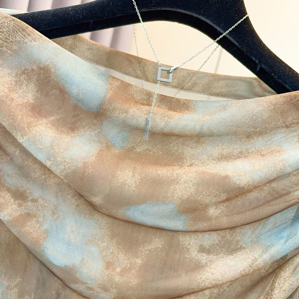 Milyfashion Retro Tie-Dye Gạc dài tay cổ phẳng Áo chống nắng mỏng phù hợp Quần áo nữ