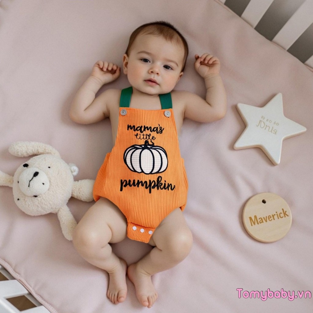 Bộ áo liền quần không tay thêu chữ Halloween Bộ đồ liền thân bí ngô cho bé gái bé trai
