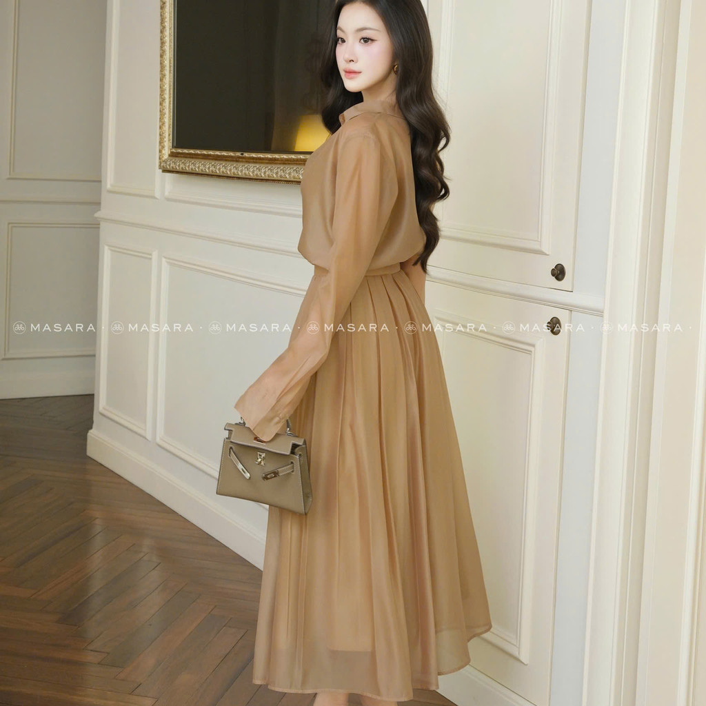 Set váy dài Masara gồm sơ mi và chân váy tằm organza nâu caramel kèm áo lót phong cách thanh lịch MS862