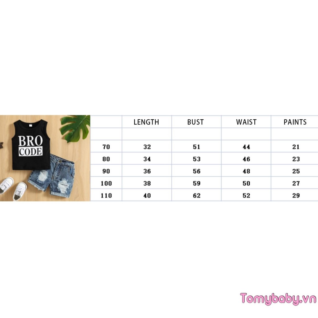 Bộ trang phục mùa hè cho bé trai cổ tròn không tay in chữ + Bộ quần short Denim rách