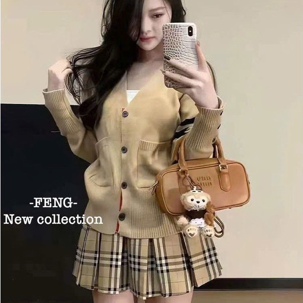 Set Áo Cardigan Thom Nâu Cam KCloset Mix Chân Váy Dạ Dày Dặn Nữ Tính NA547