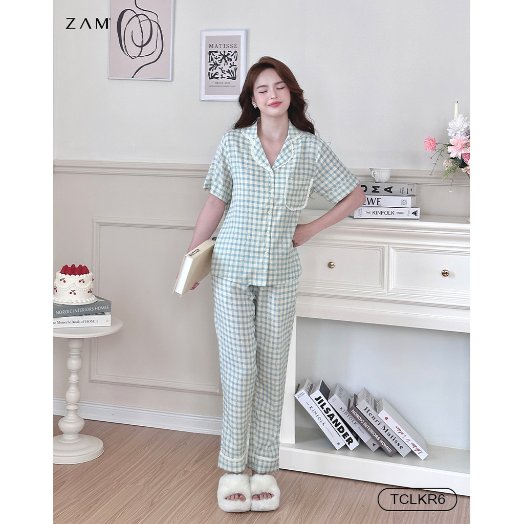 Ảnh BỘ MẶC NHÀ SHE BY ZAM - TCLKR - BỘ NGẮN TAY QUẦN DÀI KẺ VISCOSE PHỐI REN 2