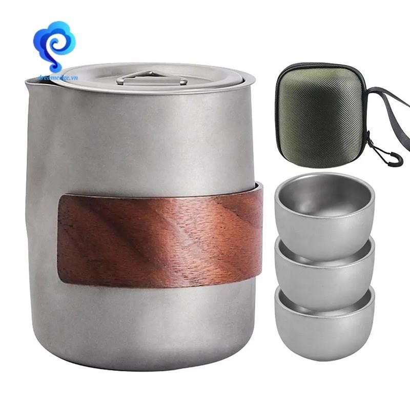 Bộ trà Trung Quốc di động hai lớp, gồm ấm và 3 cốc, kèm hộp bảo quản