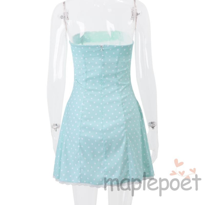 Maplepoet-nữ Ống Đầm Chấm In Thuyền Cổ Tắt Vai Ren Cắt Chữ A Đi Biển Váy Ngắn