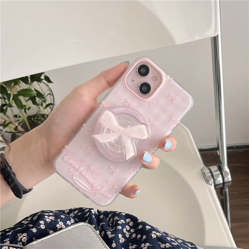 Pink Girl Bow Giá đỡ từ tính Vỏ điện thoại Apple tươi nhỏ Thích hợp cho iphone16 / 15 / 14promax12 / 13 / 11