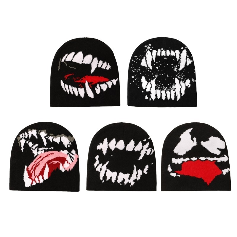 Dasbsug Mũ đầu lâu thời trang Mũ dệt kim mát mẻ Mũ họa tiết khuôn mặt Punk Mũ Hiphop