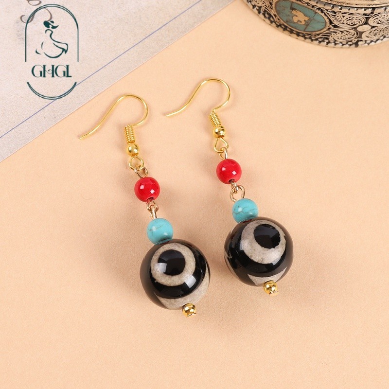 [Ghgl] Hàng có sẵn hs Thiết kế nguyên bản Phong cách Tây Tạng Hạt Dzi chín mắt Bông tai mã não Phong cách dân tộc Nghệ thuật cổ điển Bông tai răng hổ Bông tai phong cách Trung Quốc dành cho nữ