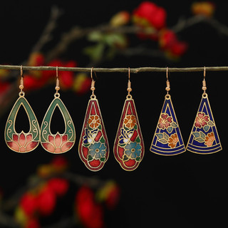 GHGl ❤️Real Shot Năm Mới Tính Khí Trung Quốc Retro Cloisonne Men Bông Tai Bé Gái Tính Khí Cổ Điển Đơn Giản Bông Tai Hoa Thiết Kế Niche Bông Tai Phong Cách Trung Hoa