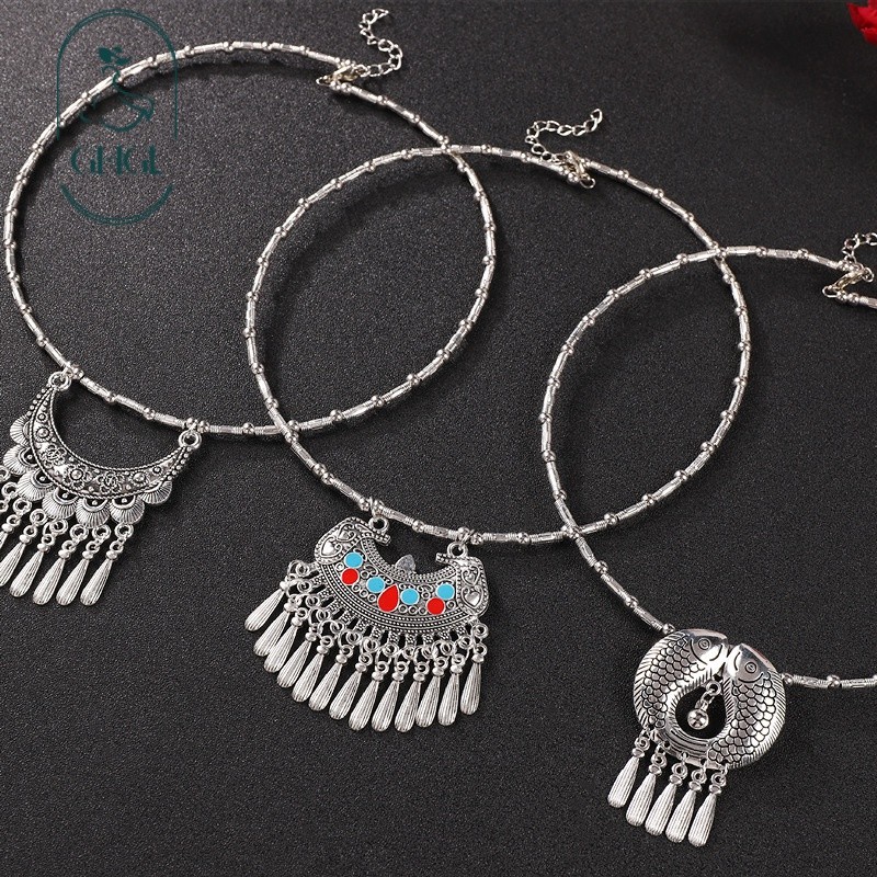 GHGl Hàng Sẵn Có Đa Dạng Handmade Phong Cách Dân Tộc Cổ Retro Hoa Miao Bạc Tua Rua Mặt Dây Chuyền Vòng Cổ Trung Quốc Mới Niche Kỳ Lạ Nữ Xương Đòn Dây Chuyền
