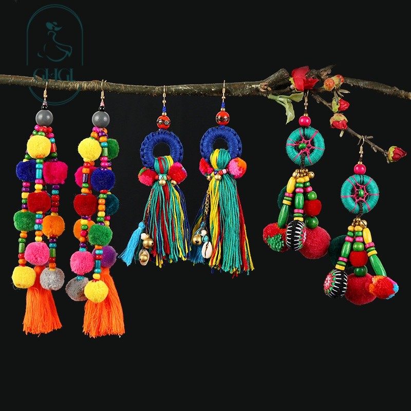 [Ghgl] Hàng có sẵn hs Retro Phong cách dân tộc Màu sắc tương phản Bông tai Pompom Phóng đại độc đáo Kỳ nghỉ Bohemian Tua dài Bông tai sang trọng dành cho nữ