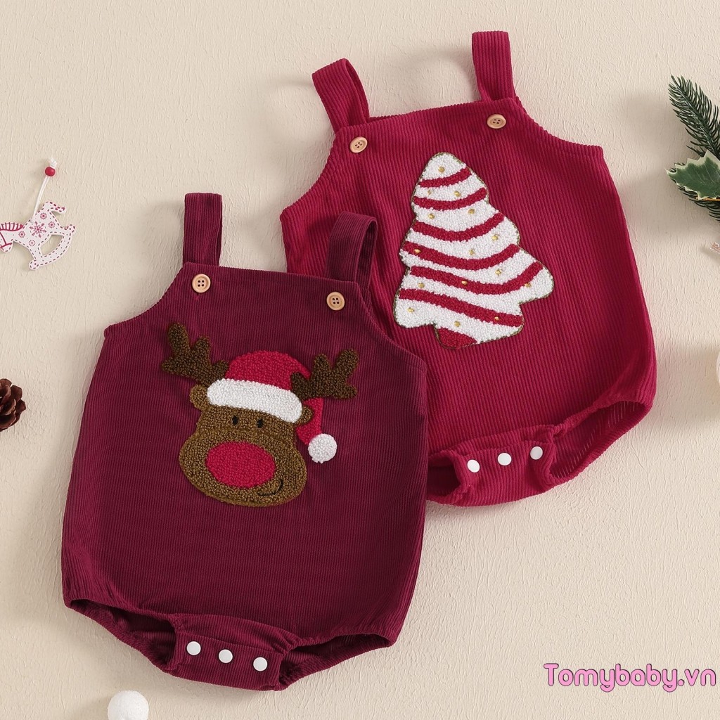 Bộ áo liền quần không tay thêu cây thông Noel cho bé gái