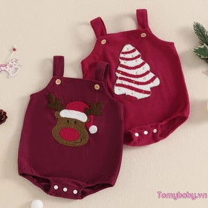 Bộ áo liền quần không tay thêu cây thông Noel cho bé gái