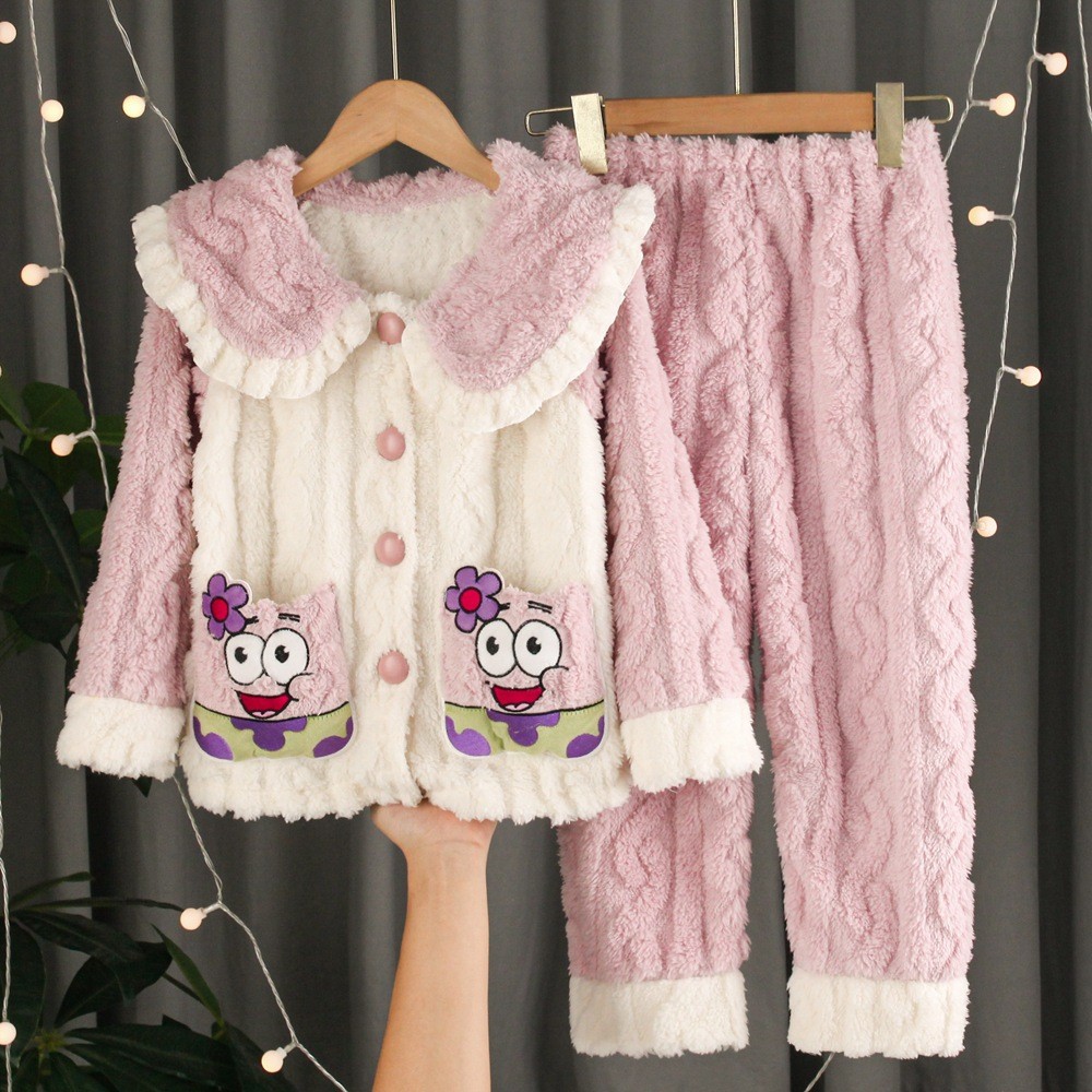 Bộ đồ ngủ lông cừu san hô trẻ em bé gái mùa thu đông flannel dày mặc ở nhà Bộ đồ 8-18 size 280g sang trọng