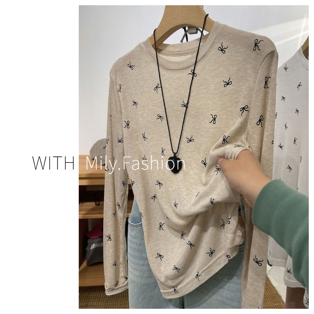 Milyfashion Loose Size Lớn Nơ Lười In Hình Mùa Hè Đáy Cổ Tròn Dài Tay Chống Nắng Top