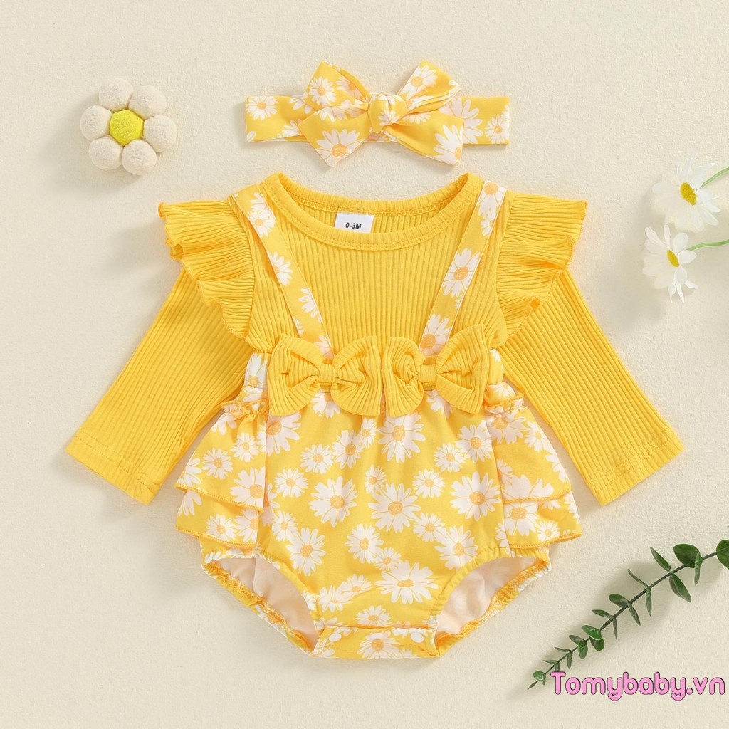 Bộ áo liền quần dài tay in họa tiết hoa cúc cho bé gái nơ xù + Bộ 2 món băng đô