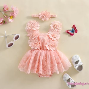 Bộ áo liền quần lưới thêu hoa cho bé gái + Bộ 2 món