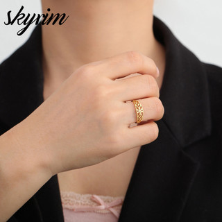 SKYRIM Nhẫn Nữ Charm Hoa Thiết Kế Thép Không Gỉ Titan Có Thể Giặt Được Không Phai Màu Trang Sức Mạ Vàng 18K