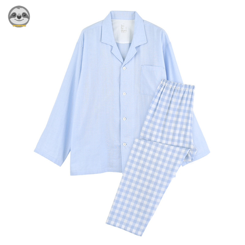 Phong cách Nhật Bản Muji Style / Bộ đồ ngủ dài tay bằng sợi đôi màu hỗn hợp / Bộ đồ ngủ Cotton nguyên chất mùa xuân thu / Bộ đồ ngủ sọc kẻ sọc