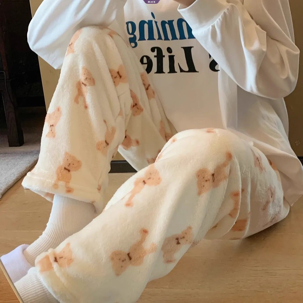 Dễ Thương Hello Kitty In Hình Quần Ấm Áp Đệm Dày Rời Thẳng Sinh Viên Mùa Đông Flannel Nhà Quần [BL]