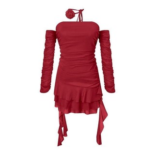 Váy dài tay màu đỏ mùa xuân Pure Desire cổ lệch vai xếp ly
