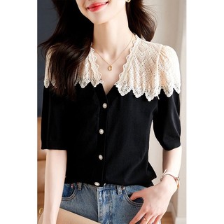 Áo cardigan cổ chữ V ngắn tay phong cách Hepburn Pháp, màu sắc tương phản, trendy 2025