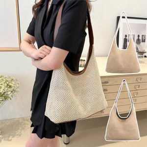 Túi cói dệt thủ công lưới xinh đi biển du lịch, Túi cói dệt thủ công phong cách Hàn Quốc, kẹp nách to để được nhiều đồ