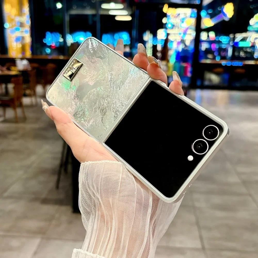 Sang Trọng Bạc Cạnh Lông Vũ Sợi Ốp Lưng Điện Thoại Samsung Galaxy Z Flip 7 6 5 4 3 Flip7 Flip6 Flip5 Flip4 Flip3 Cover