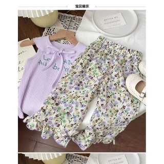 Mùa Hè Phong Cách Mới Thường Ngày Bé Gái Phù Hợp Với Bé Tím Hoa Búp Bê Cổ Áo Ren Thẳng Quần Hai Mảnh Phù Hợp Với