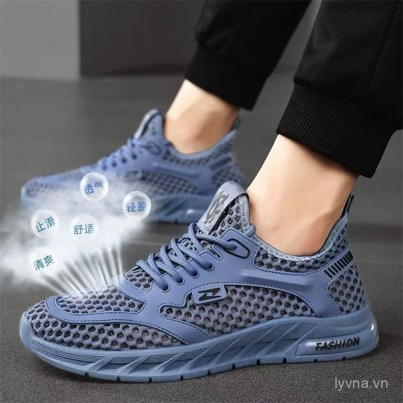 Phong Cách Mới Mùa Hè Rỗng Nam Giày Lưới Phong Cách Thường Ngày Lưới Thể Thao Giày Lưới Thoáng Khí Chạy Chống Trơn Trượt Lưới 0718
