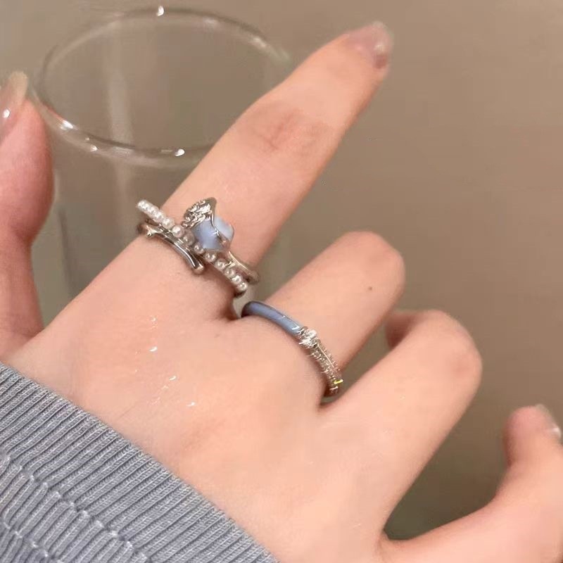Thời Trang Hàn Quốc Xanh Hoa Hồng Thả Men Ngọc Trai Nhẫn Nữ Ins Nổ Bộ Chỉ Số Ngón Tay Nhẫn Ánh Sáng Mở Nhẫn Quà Tặng Học Sinh