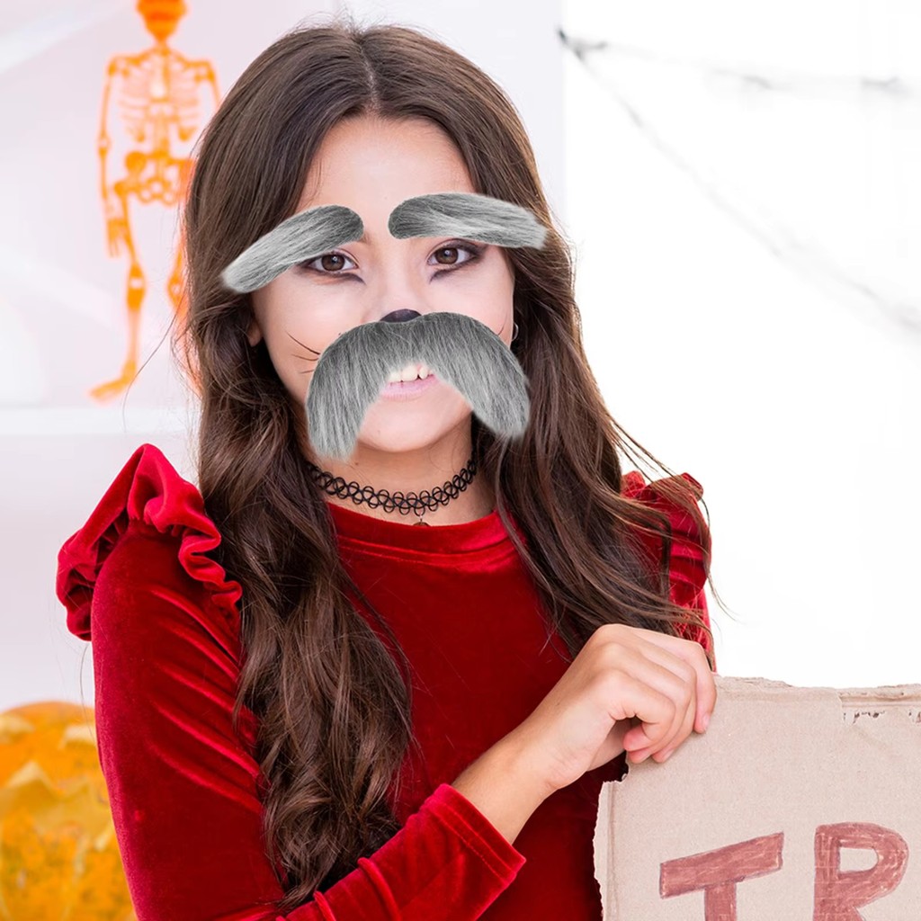Bộ dụng cụ hóa trang cosplay bao gồm lông mày giả, ria mép và tóc mặt, phù hợp cho bữa tiệc Halloween