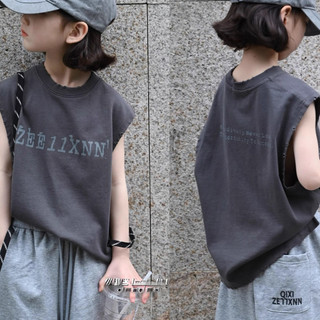 Mùa Hè Nguyên Chất Cotton Bé Trai Áo Thun Không Tay Đẹp Trai Trẻ Em Đơn Giản In Chữ Bé Gái Màu Xám Đậm
