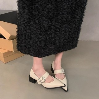 Loafers Phiên Bản Hàn Quốc Loafers Phong Cách Anh Quốc Retro Mũi Nhọn Mary Jane Giày Da Nhỏ Gót Dày Giày Nữ Mùa Xuân Thu Phong Cách Mới