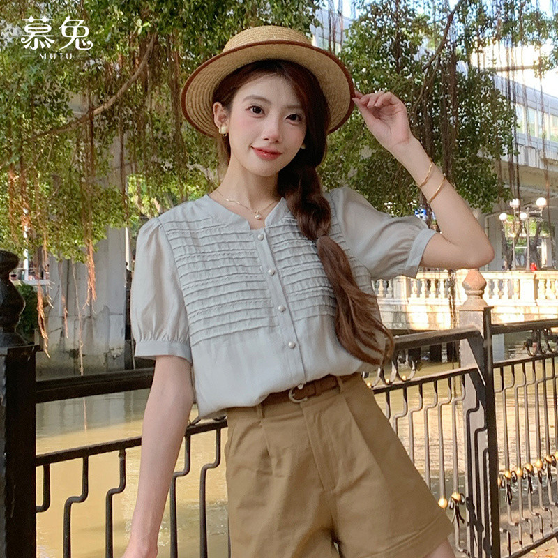 Mutu Áo Sơ Mi Retro Haze Xanh Cho Nữ Mùa Hè 2026, Thiết Kế Xếp Ly Tay Ngắn Cổ Tròn