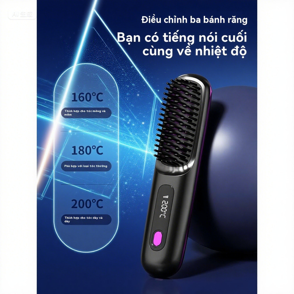 Lược Điện Duỗi Tóc Ion Âm Không Dây Màn Hình Số 3 Chế Độ Nhiệt, Tạo Tóc Mượt, Tạo Kiểu Nhanh
