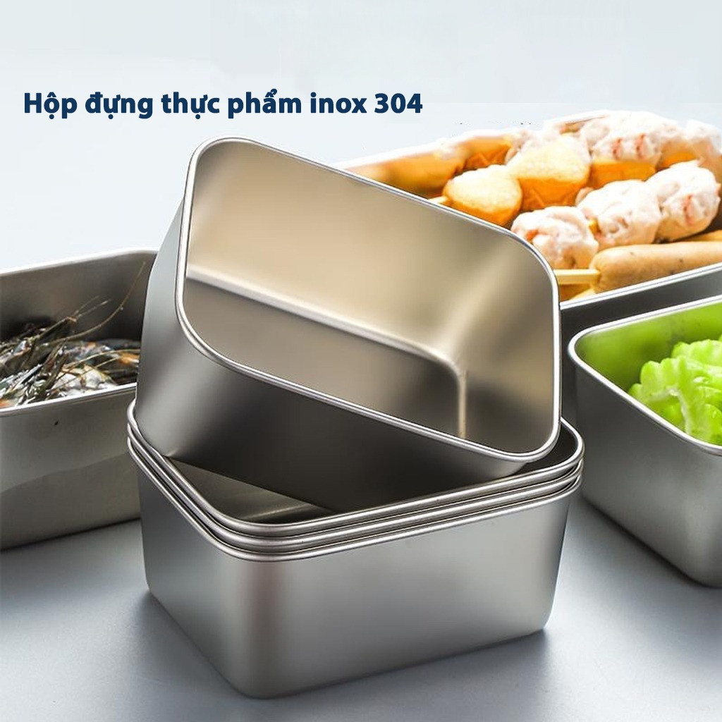 Khay đựng thực phẩm đồ ăn INOX 304 Có nắp đậy, Hộp bảo quản thực phẩm tủ lạnh lò vi sóng