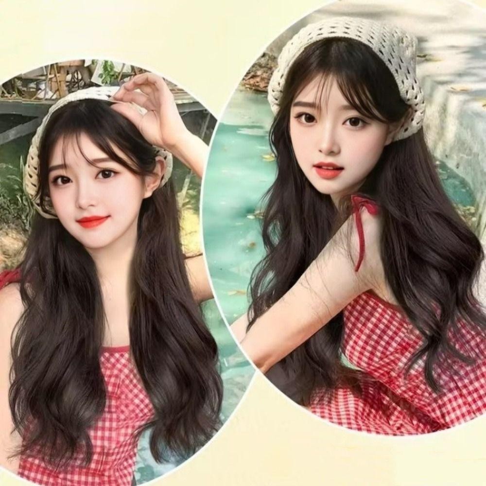 Băng đô giả tích hợp CORALTIDE, Khăn trùm đầu hình tam giác 65CM, Dệt kim rỗng Phong cách trang trại tóc thẳng dài
