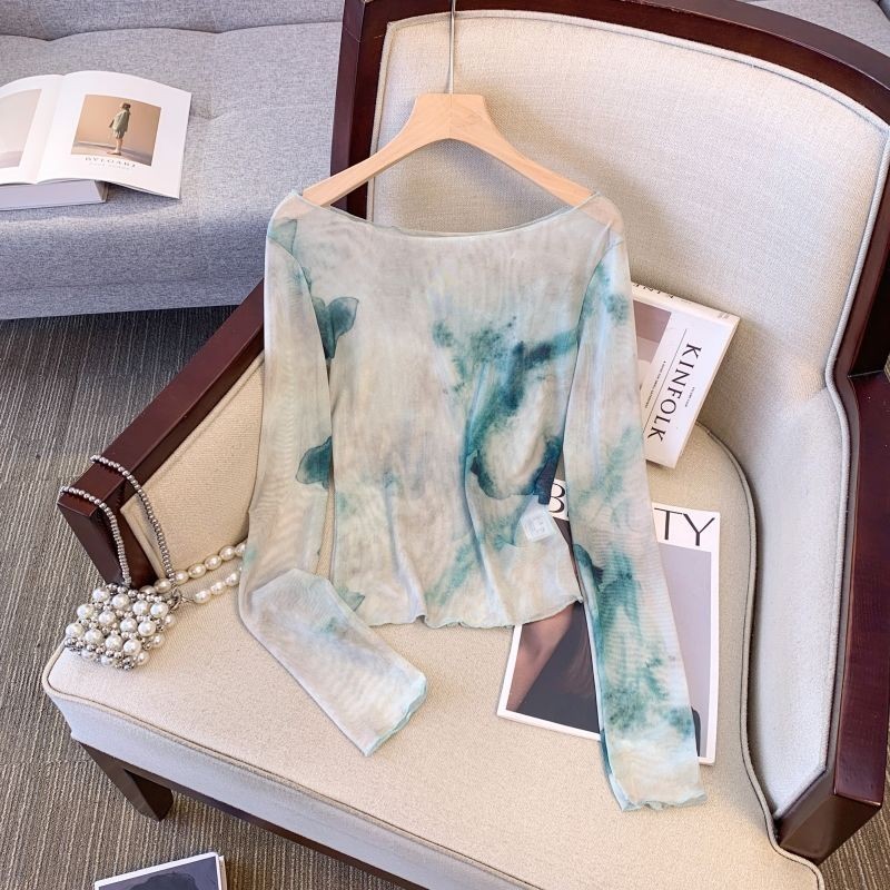 Milyfashion  Mesh Tie-Dye Printing  off-Shoulder T  Summer  Slim Fit  Chic Long Sleeve Sun Protection