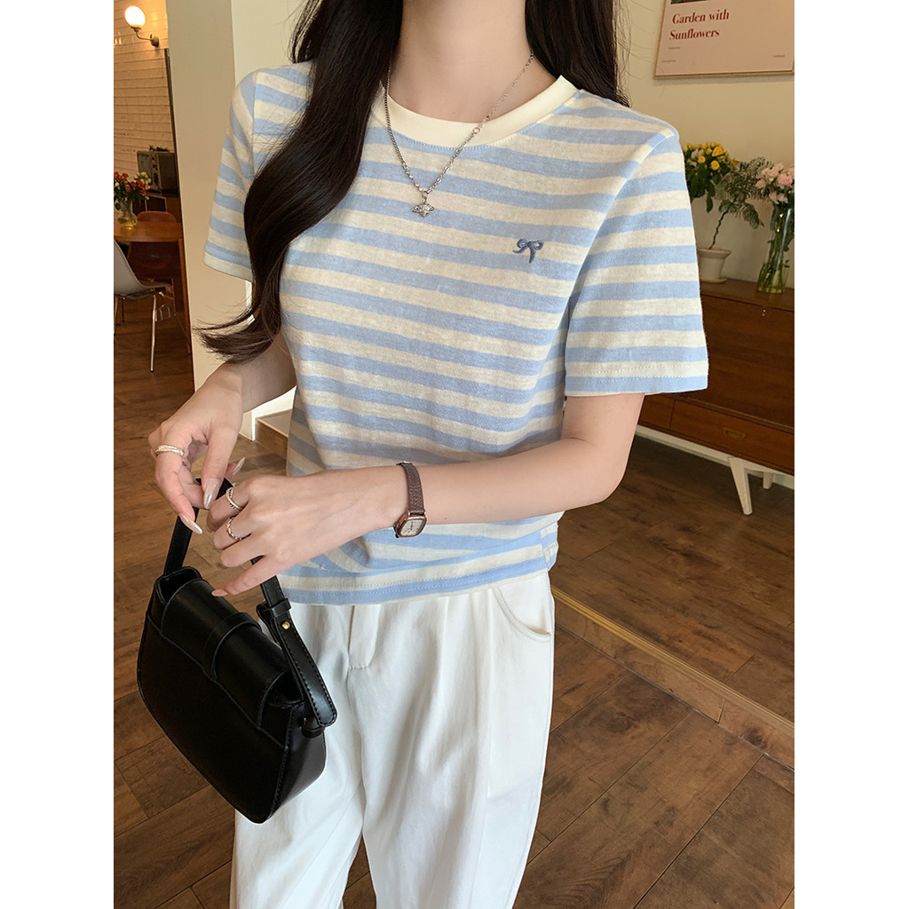 SUXI Áo thun Cotton thêu nơ sọc cổ điển Áo thun nữ mới 240727