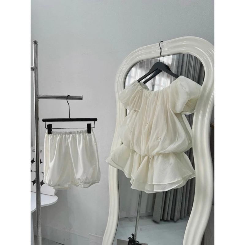 (tặng quần)Áo trễ vai tay bồng form rộng 2 tầng quả bí ngô đính nơ xinh kèm quần trong phong cách bánh bèo điệu đà- A278