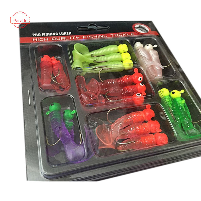 Bộ câu cá diễu hành Jig Chì Móc giun mềm Grub Mồi đuôi đơn 17 Cái VN