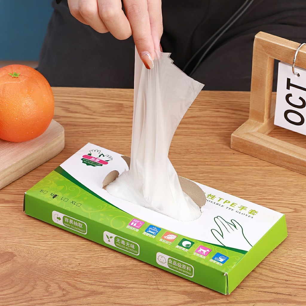 Hộp 100 Găng Tay Cao Su TPE, Bao Tay Siêu Dai Dùng 1 Lần Làm Bếp Nấu Ăn Vệ Sinh FE123
