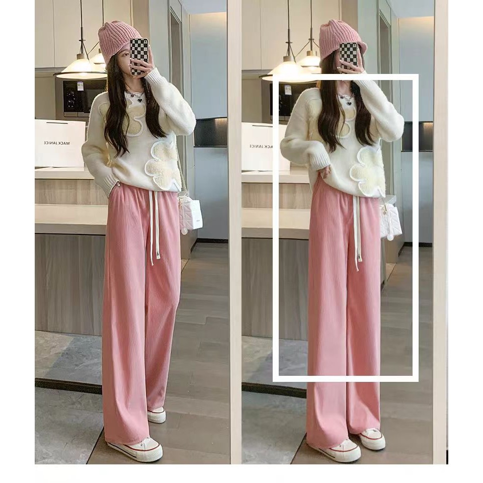 Quần ỐNg RộNg nhung kẻ Quần dài nữ quần dài thoải mái rộng rãi cạp cao mẫu mới 2024