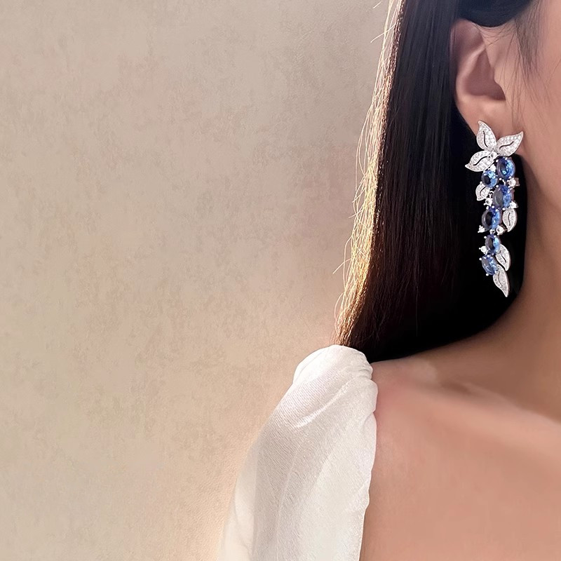 Bông tai tua rua dài Zircon sang trọng nhẹ Bông tai hoa lá tinh tế thời trang