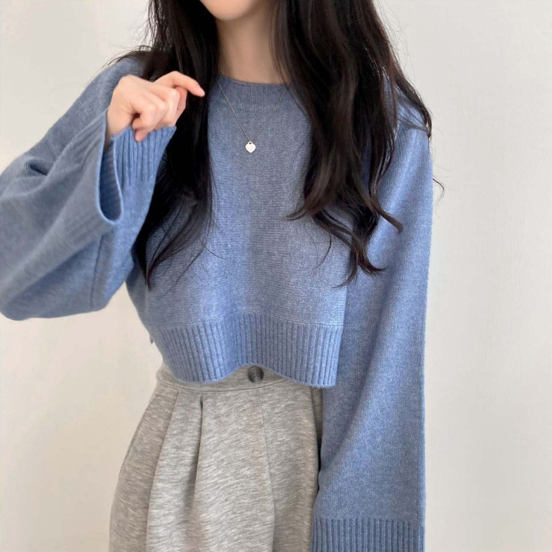 Suxi Retro Rời Thu Đông Thời Trang Mới Đơn Giản Cổ Tròn Dài Tay Dệt Kim Áo Len Nữ Ngắn 240908