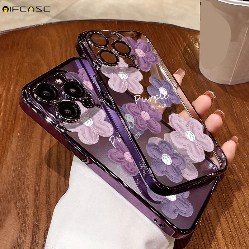 Tương Thích Cho iPhone 15 14 Plus 13 12 Mini 11 Pro Max Ốp Điện Thoại Màu Tím Tranh Sơn Hoa Hoa Mạ Hoa Sang Trọng Sáng Bóng Vỏ Mềm Ốp Lưng Ốp Lưng