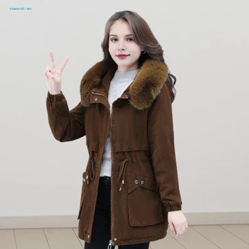 Rewordi Áo khoác lông cừu giả nữ rộng rãi Áo khoác nữ phong cách Parka mùa đông có mũ trùm đầu lông và dây rút Áo khoác Cotton chống gió cho nữ Áo khoác dài vừa phải