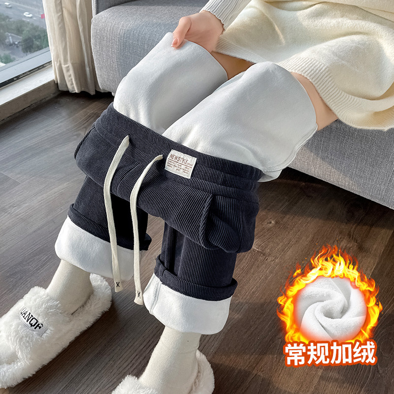 Quần ống đứng thon gọn cạp cao thường ngày thu đông Size Lớn Quần nhung Bắc Cực dày dặn